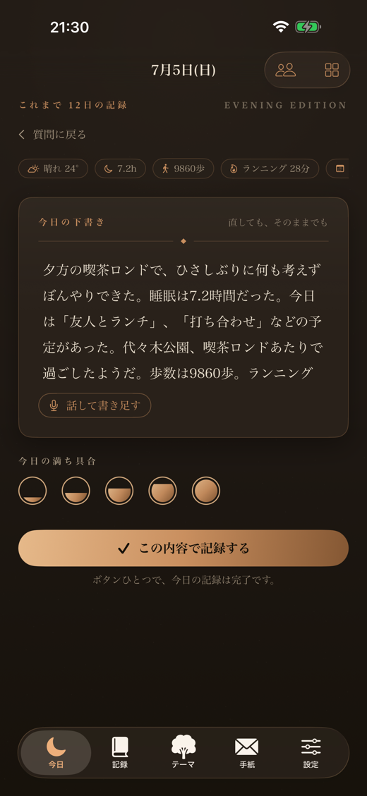 AIが生成した日記の下書き画面