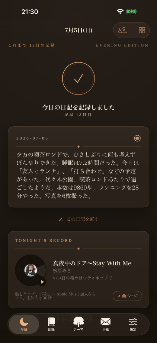 日記の記録が完了した画面