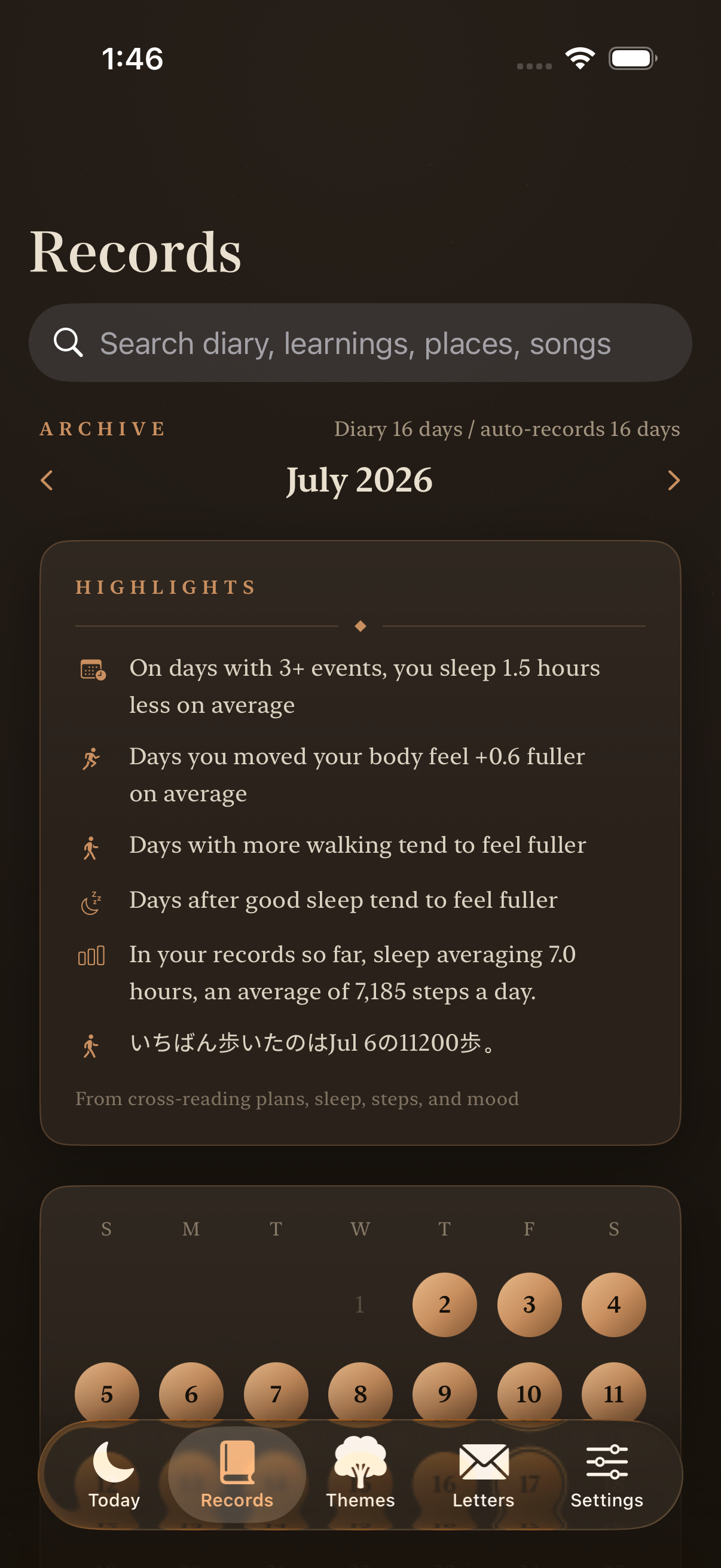 Record calendar and highlight analysis