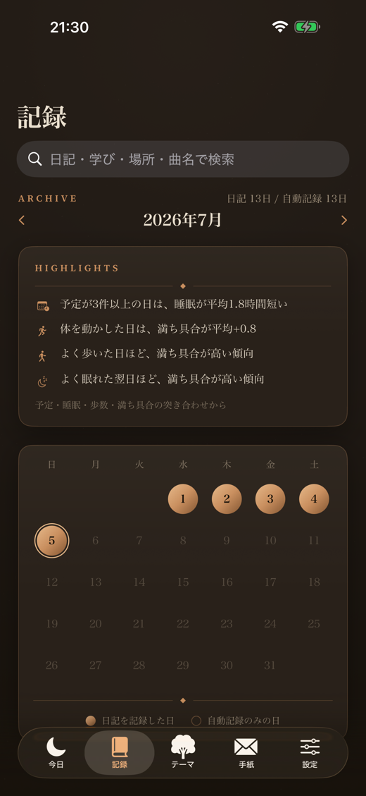 記録カレンダーとハイライト分析