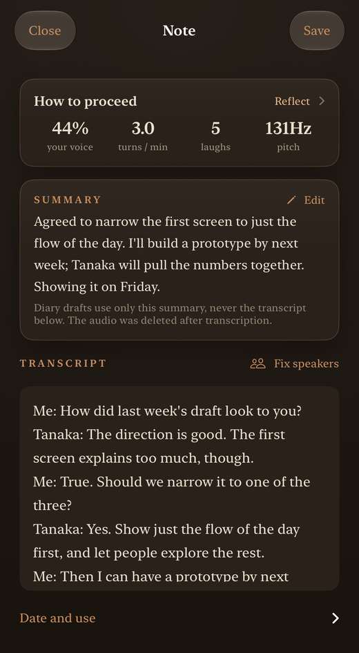 A conversation record: the summary and a transcript with speakers