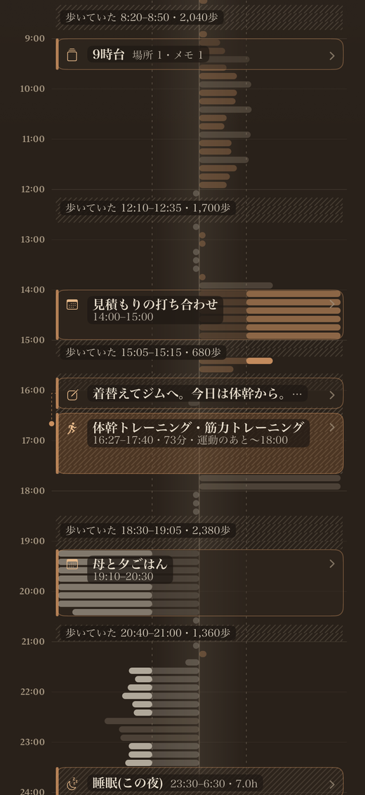 一日の時間軸。予定・場所・運動・睡眠のカードと、10分ごとの体の張り・ゆるみの棒
